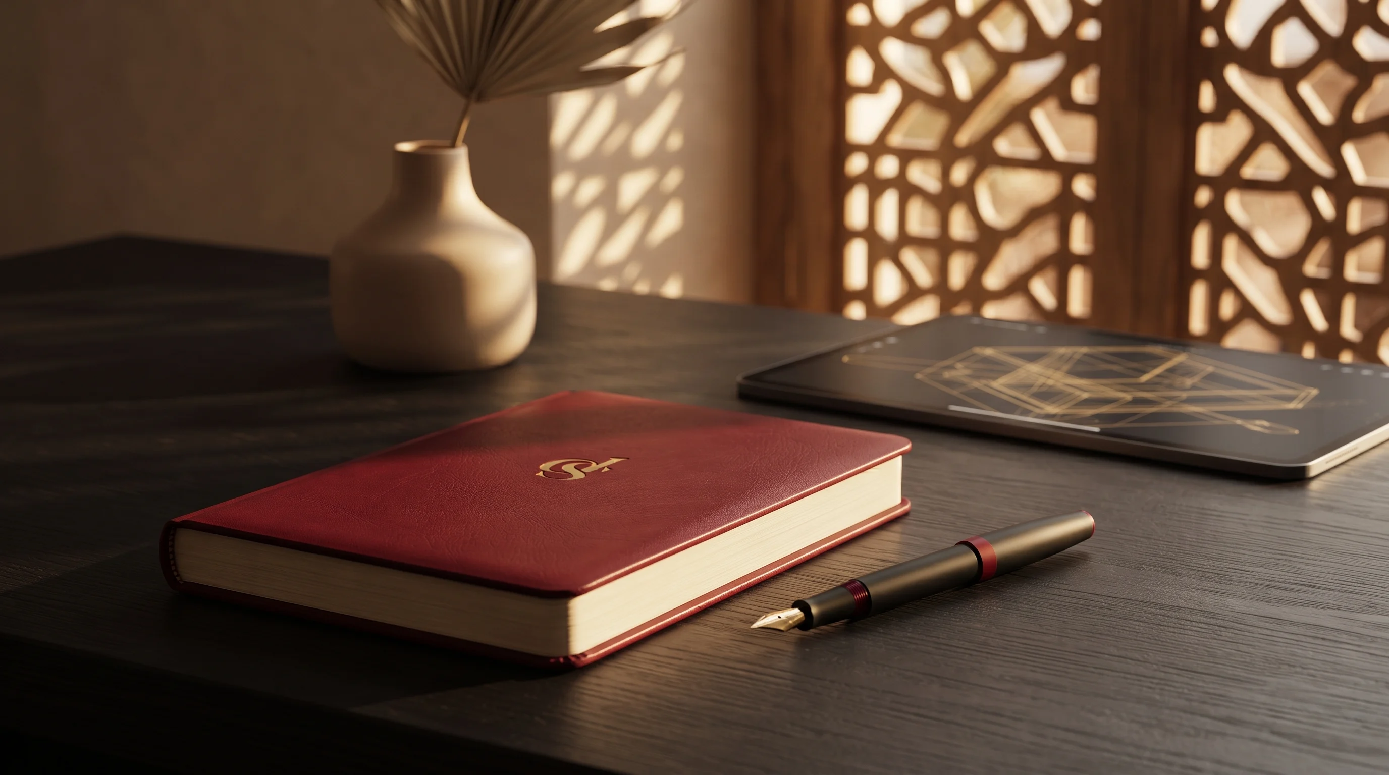 Carnet de marque relié cuir et stylo posés sur un bureau sombre, moucharabieh en arrière-plan
